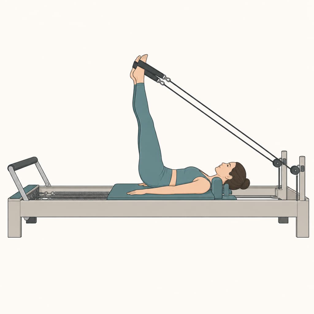 Drawing of a woman lying on a reformer carriage, head on the headrest, legs raised straight with both feet in the straps.