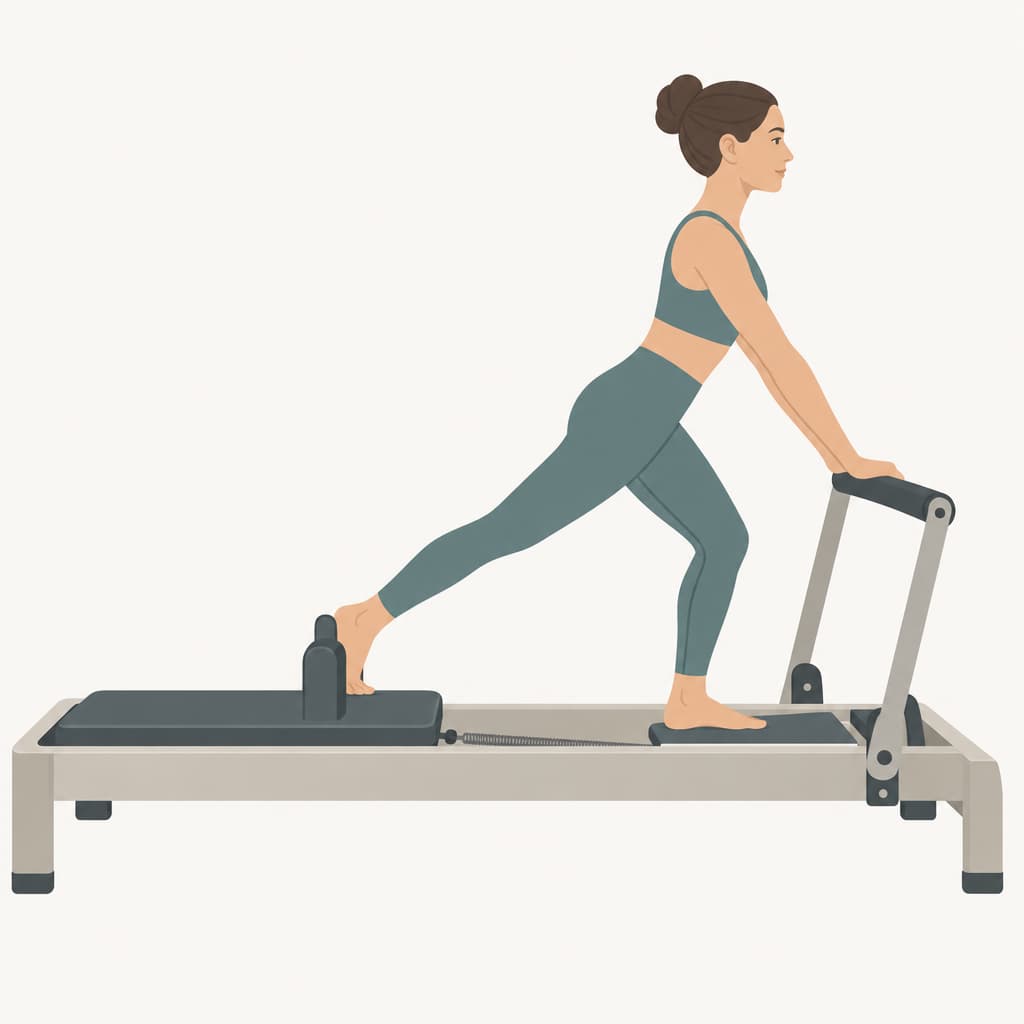 Drawing of a woman in a lunge on a reformer: back foot on the carriage against the shoulder rest, front foot on the standing platform, hands on the footbar.